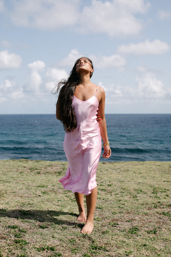 Natural mulberry silk midi slip dress. Silk dyed to a vibrant pale pink.