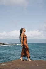 Long slip dress made with organic mulberry silk dyed to a rich caramelized brown.