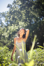 Organic silk slip dress naturally dyed to a pale blue-gray. 