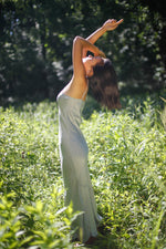 Organic silk slip dress naturally dyed to a pale blue-gray.